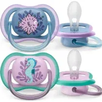 Lot de 2 sucettes Philips Avent Ultra Air Animals 6‑18 mois – coques extra-ventilées, silicone orthodontique, 98 % d’acceptation, étui micro-ondes.